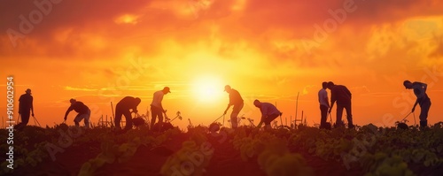 Sustainable farm workers, tending to crops, close up, community farming efforts, realistic, Silhouette, sunrise over fields