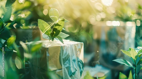Sustainable packaging, compostable alternatives, focus on, green product packaging, surreal, Double exposure, packaging plant