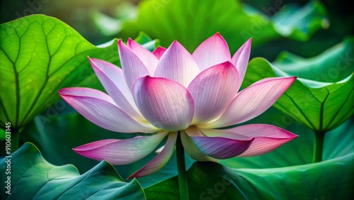 Delicate pink and white petals unfold from a serene green lotus pad, reflecting beauty and tranquility in a symbolic representation of spiritual growth and rebirth. photo