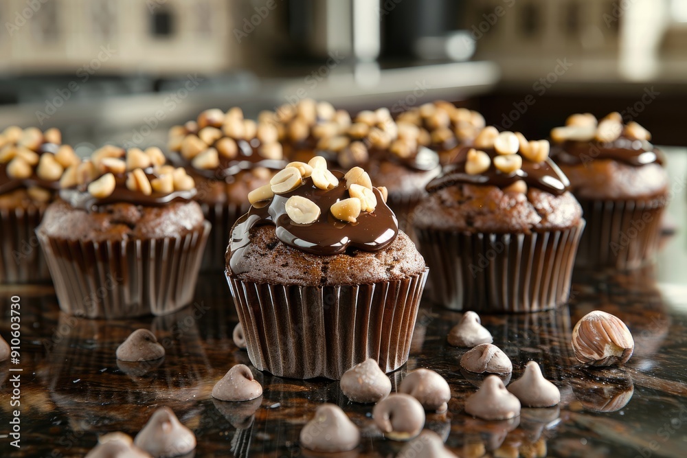 A row of chocolate cupcakes with chocolate frosting and chocolate sprinkles. The cupcakes are arranged on a countertop, with some of them placed closer to the front and others further back A row of chocolate cupcakes with chocolate frosting and chocolate sprinkles. The cupcakes are arranged on a countertop, with some of them placed closer to the front and others further back