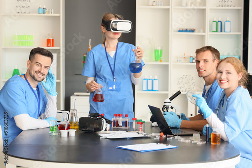 Female doctor with chemical flasks using VR glasses in laboratory