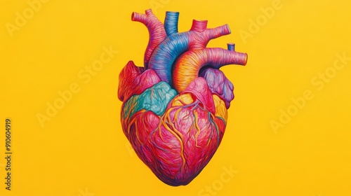 Colorful anatomical heart illustration on yellow