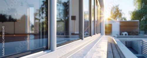 Energyefficient windows, triplepane glass, close up, ecofriendly construction, realistic, Fusion, modern house, copy space for text