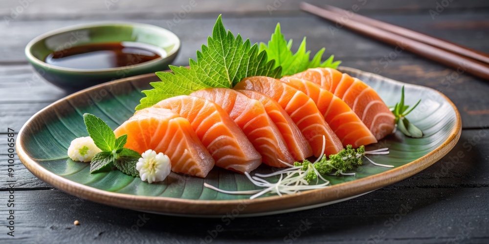 Fresh salmon sashimi arranged artfully on a minimalist plate, garnished with thin slices of daikon and shiso leaves, served with soy sauce and wasabi.