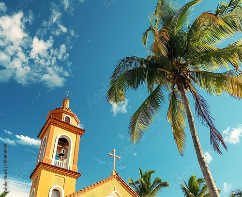 Tropical Church with Palm Trees and Blue Sky photo