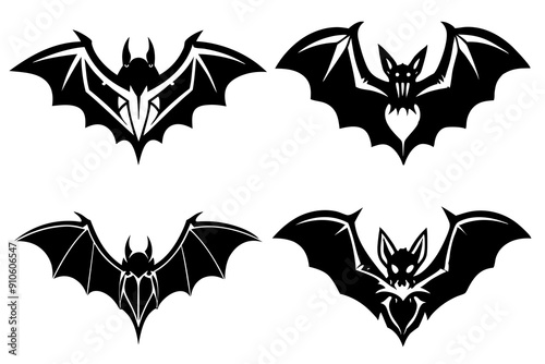 6 Unique Bat Logo Designs | Vector Illustration, Line Art, Silhouette Icons | Black Outline Clipart"