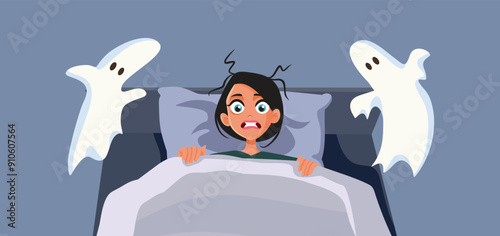 Woman Having Nightmares Afraid of Unholy Spirits Vector Cartoon. Stressed girl in a panic from terrifying nightmares 
