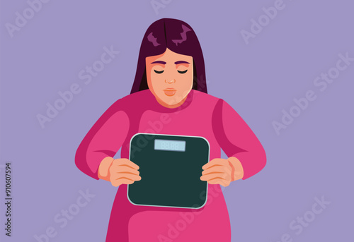 Sad Overweight Woman Holding a Scale Vector Illustration. Unhappy teen girl suffering from obesity worried about being plus size
