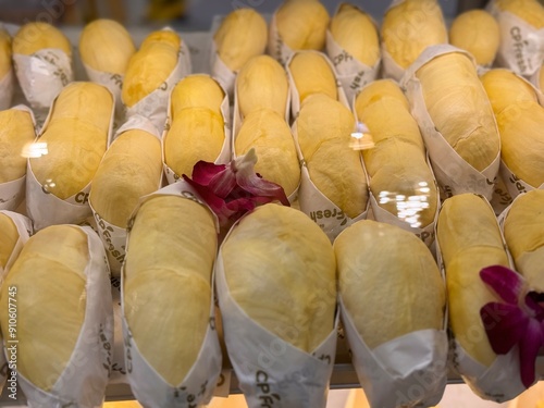 durian musang king display in market photo