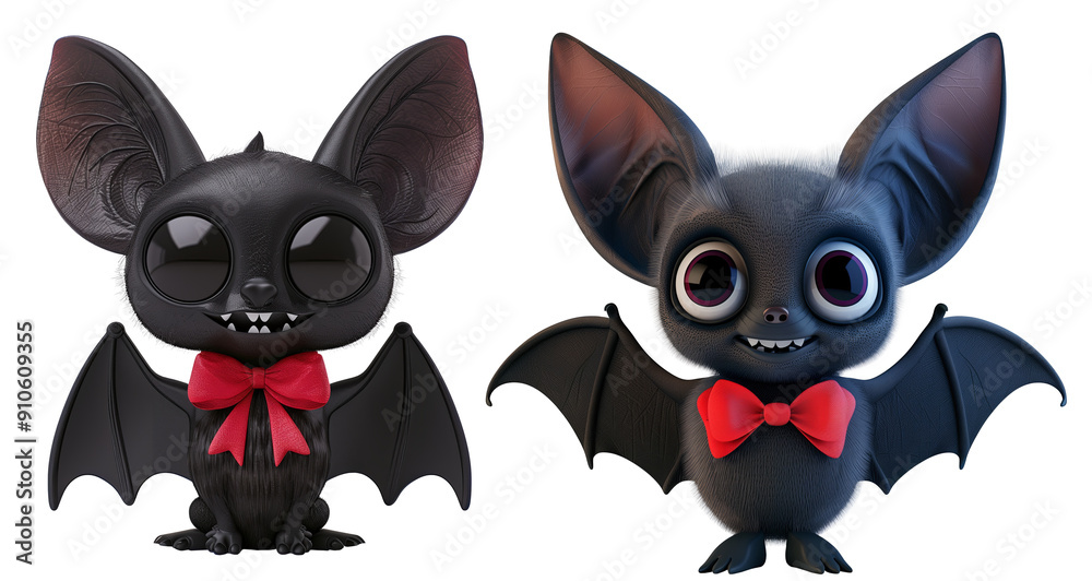 Fototapeta premium set of cute black bat with red bow tie. 3D cartoon animation style.