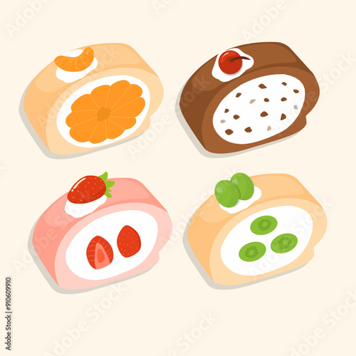 Set of swiss roll cake dessert with various flavor vector illustration 