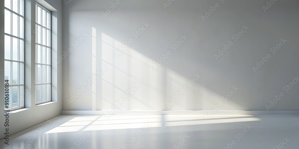 Obraz premium Minimalist studio background with soft white and grey tones, subtle window shadow, ideal for product showcase and text overlay, perfect for clean presentations.