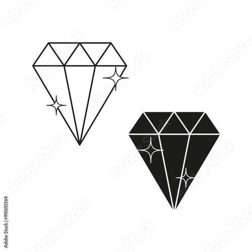Diamond icon illustration. Two vector diamonds. Black and white. Sparkling gemstones.