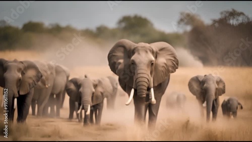 a bull elephant leads a group of elephants