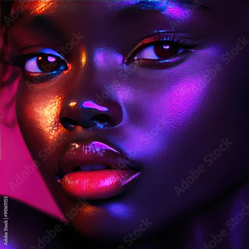 Close-up of an African girl's face. Illustration for printing on fabric, posters. Advertising of modeling business, decorative cosmetics.