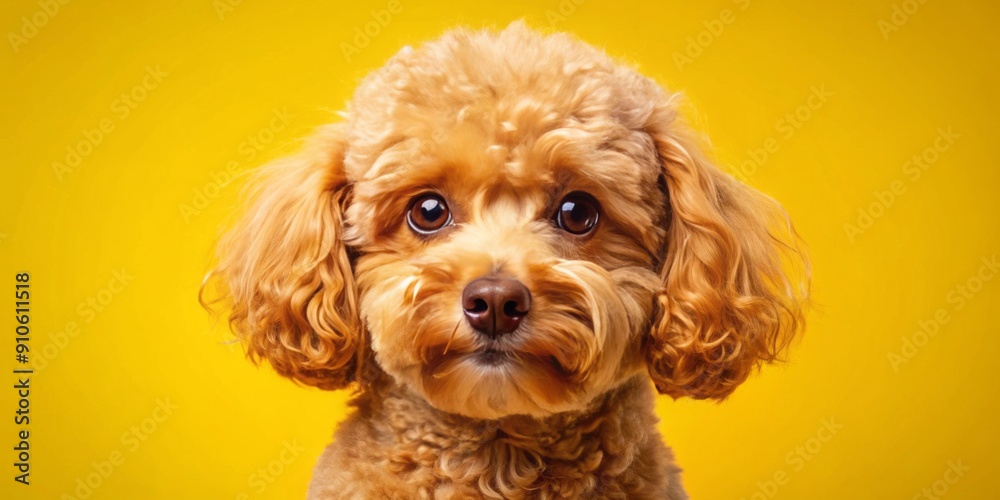 Adorable toy poodle with curly fur and big brown eyes sits on a bright yellow background, showcasing its playful and affectionate personality perfectly. Adorable toy poodle with curly fur and big brown eyes sits on a bright yellow background, showcasing its playful and affectionate personality perfectly.