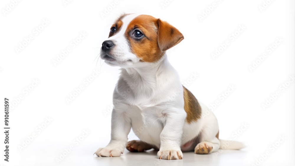 Adorable young Jack Russell terrier puppy sits in profile, looking upward with curious eyes, isolated on a clean white background, highlighting its cute features. Adorable young Jack Russell terrier puppy sits in profile, looking upward with curious eyes, isolated on a clean white background, highlighting its cute features.