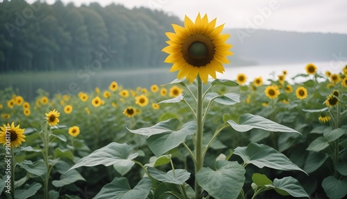 A single sunflower standing taller than the rest, surrounded by a sea of green leaves and yellow petals.