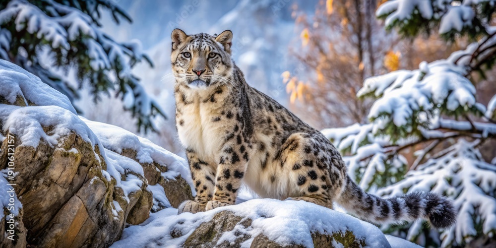 Obraz premium A regal snow leopard blends seamlessly into the frozen landscape, its grey and white fur camouflaging it among snow-dusted trees and rugged rocky outcroppings.