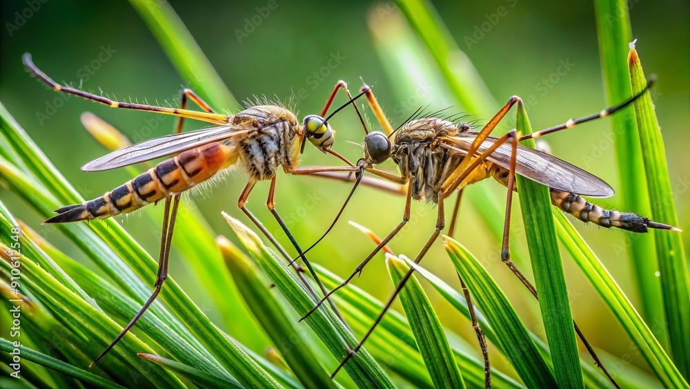 Naklejka premium Close-up of a male and female Eurytoma schreineri mosquito predator species, resting on lush green grass, showcasing intricate details in a stunning macro photograph.