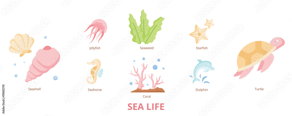 Sea Life Flat Banner Web Icon Set Vector Illustration, Seashell Dolphin Coral Seaweed Starfish Jellyfish Sea Life Flat Banner Web Icon Set Vector Illustration, Seashell Dolphin Coral Seaweed Starfish Jellyfish