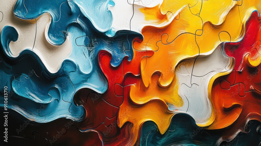 A colorful abstract painting with a blue and white section in the middle A colorful abstract painting with a blue and white section in the middle