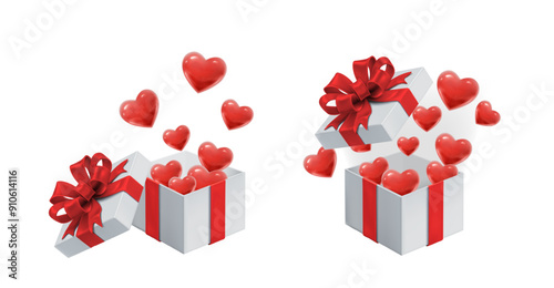 realistic vector icon illustration. White gift box with red ribbon and hearts coming out of it. Present with lid and red bow.
