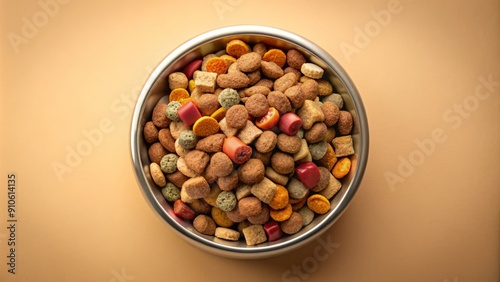 Isolated arrangement of kibble and tasty rewards in a shallow bowl atop a soft, creamy background, emphasizing textures and colors of a canine's favorite snacks. photo