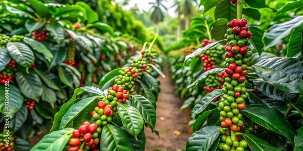 Lush green coffee trees heavily laden with ripening coffee beans thrive in a research center's nursery, showcasing successful climate-adapted cultivation for optimal yields. Lush green coffee trees heavily laden with ripening coffee beans thrive in a research center's nursery, showcasing successful climate-adapted cultivation for optimal yields.