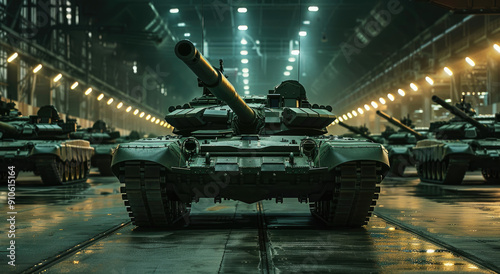 the main body of an M54 tank and other tanks lined up in rows inside a modern military hangar with dim lighting. photo