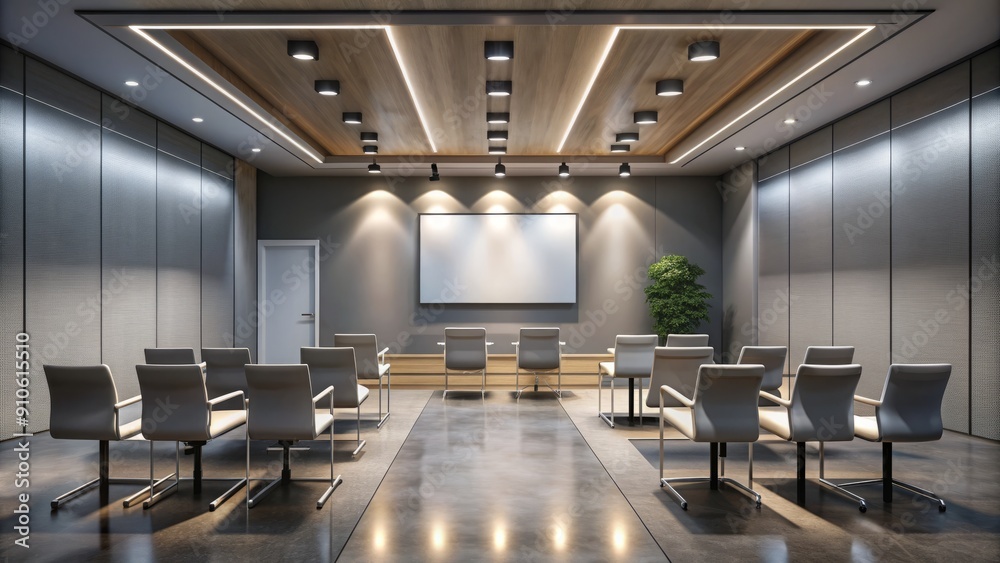 Modern conference room empty except for a small, spotlighted stage, awaiting presentations, with sleek chairs, grey walls, and a minimalist ambiance on a quiet day. Modern conference room empty except for a small, spotlighted stage, awaiting presentations, with sleek chairs, grey walls, and a minimalist ambiance on a quiet day.