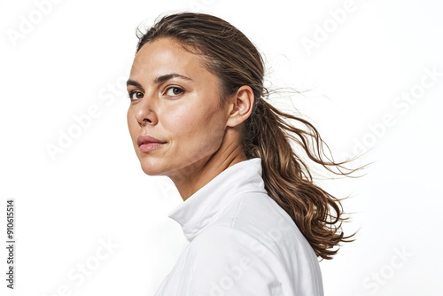 Woman with long brown hair blowing in the wind, looking over shoulder