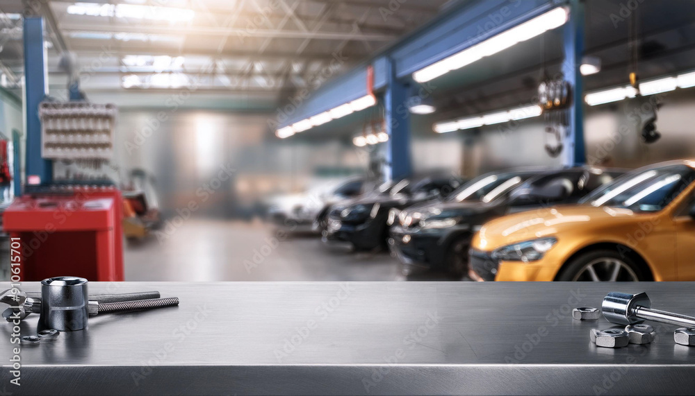 Empty wood table top with car service centre auto repair workshop blurred background Empty wood table top with car service centre auto repair workshop blurred background