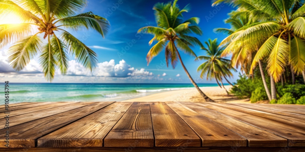Natural wooden table centerpiece against a blurred tropical beach backdrop with sandy shores, swaying palm trees, and vibrant summer colors, evoking warm and refreshing feelings. Natural wooden table centerpiece against a blurred tropical beach backdrop with sandy shores, swaying palm trees, and vibrant summer colors, evoking warm and refreshing feelings.