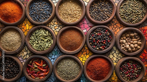 A collection of spices in wooden bowls arranged in a colorful pattern