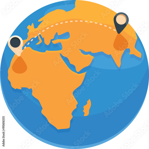 Illustration of an airplane flying around the globe from africa to asia