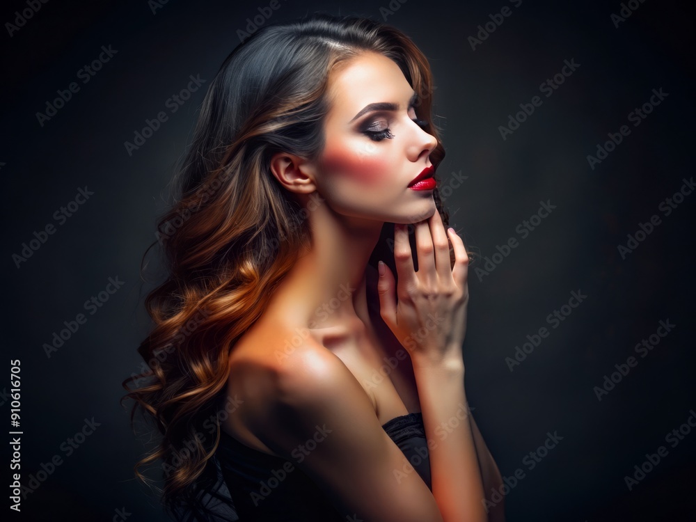 Fototapeta premium Sensual woman touches her face, exuding desire, standing in profile with empty space beside her, against a dark, isolated background, evoking intimacy and mystery.