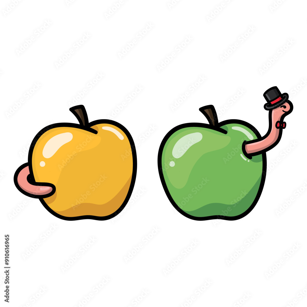 An illustration of a yellow and green apple side by side. A worm tail is coming out of the yellow apple and the head coming out of the green apple on a white background An illustration of a yellow and green apple side by side. A worm tail is coming out of the yellow apple and the head coming out of the green apple on a white background