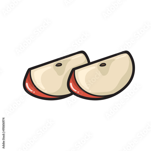 An illustration of two quarters of a red apple on a white background