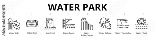Water Park Line Banner Web Icon Set Vector Illustration, Water Slide Kiddie Pool Splash Pad Diving Board Water Roller Coater Balloon Trampoline Float
