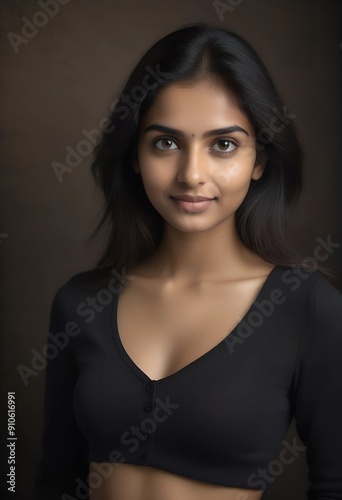Beautiful Indian Female Model Wearing Black T-Shirt on Plain Background