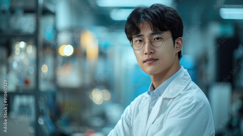 Title: Confident young scientist in a laboratory, wearing glasses and a white lab coat, with a focused expression
Title: Confident young scientist in a laboratory, wearing glasses and a white lab coat, with a focused expression