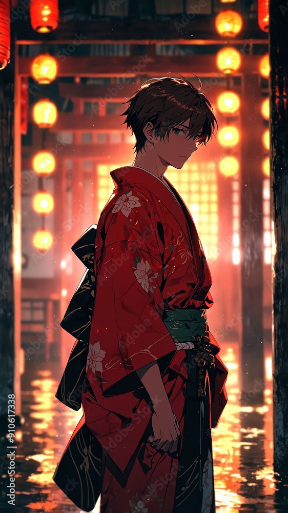 Obraz premium anime boy in red kimono character illustration cartoon design