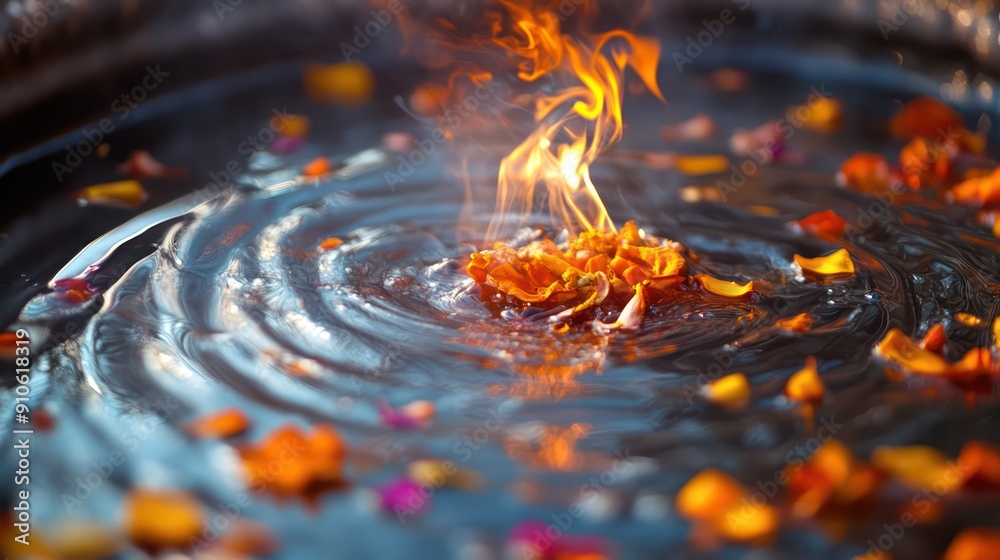 A small fire is floating on top of a body of water A small fire is floating on top of a body of water