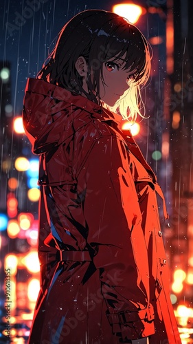 anime girl in red raincoat character illustration cartoon design