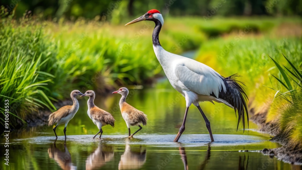 Naklejka premium Two majestic Red-crowned cranes, their grey and white feathers glistening, proudly lead their two tiny chicks through a serene and lush wetland habitat.