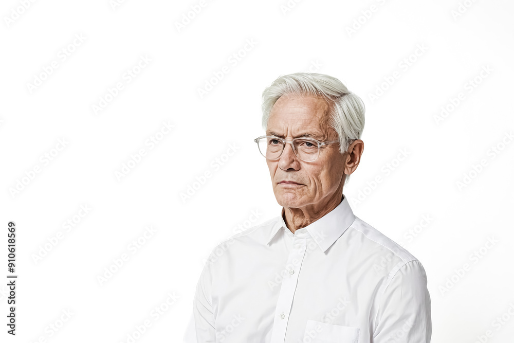 Senior man in white shirt and glasses looks to the side Senior man in white shirt and glasses looks to the side
