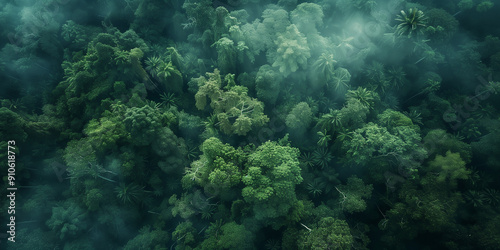 Astonishing Aerial View of Dense Jungle Canopy with Lush Greenery, Majestic Trees, and Untouched Wilderness. Perfect for Nature Background and Atmospheric Wilderness Concept.