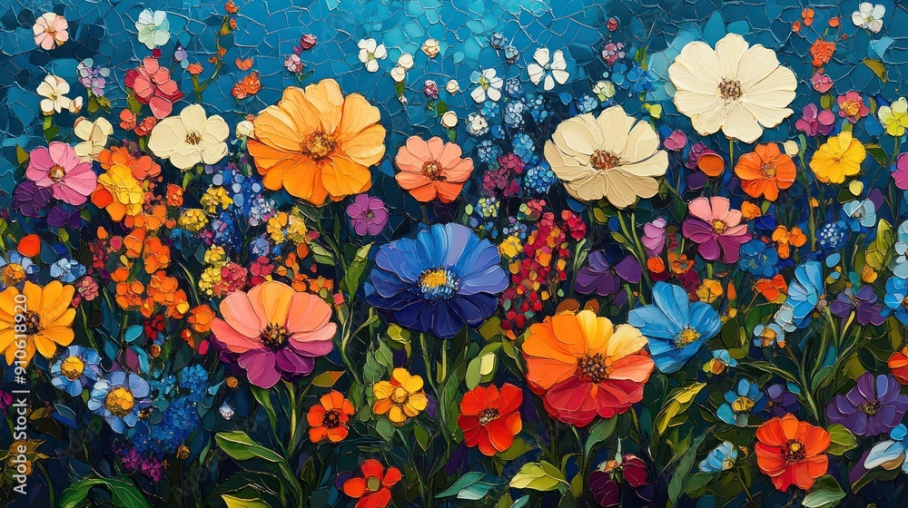 A painting of a field of flowers with a blue sky in the background A painting of a field of flowers with a blue sky in the background