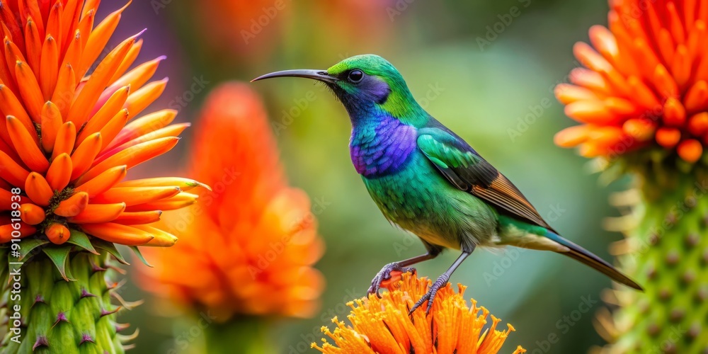 Fototapeta premium Vibrant amethyst sunbird with iridescent feathers perches delicately on a blooming aloe flower, its bright orange beak and legs a striking contrast to the lush green backdrop.